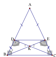 Cho tam giác ABC có AB = AC . Trên cạnh AB và AC lấy các điểm D, E sao cho AD = AE. Gọi K là giao điểm của BE và CD. Chọn câu sai (ảnh 1)