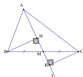 Cho tam giác ABC có M là trung điểm cạnh BC. Kẻ tia Ax đi qua M. Qua B, C lần lượt kẻ các đường thẳng vuông góc với Ax, cắt Ax tại H, K. So sánh BH và CK (ảnh 1)