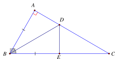 Cho tam giác ABC vuông tại A, BD là tia phân giác của góc ABC và BA = BE (E thuộc BC). Số đo góc BED là (ảnh 1)