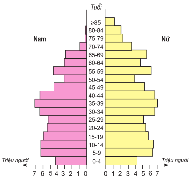 Dựa vào tháp tuổi Hình 1, xác định cơ cấu dân số theo tuổi của hình bên? (ảnh 1)