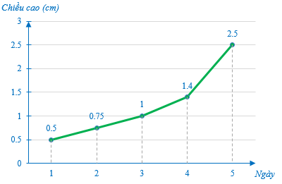 Cho biểu đồ đoạn thẳng biểu diễn chiều cao của một cây đậu trong 5 ngày. (ảnh 1)