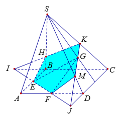 Cho hình chóp S.ABCD, G là điểm nằm trong tam giác SCD. E, F lần lượt là trung điểm của AB và AD. Thiết diện của hình chóp khi cắt bởi mặt phẳng (EFG) là (ảnh 1)