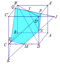 Cho hình hộp ABCD.A′B′C′D′, gọi M là trung điểm CD, (P) là mặt phẳng đi qua M và song song với B′D và CD′. Thiết diện của hình hộp cắt bởi mặt phẳng (P) là hình gì? (ảnh 1)