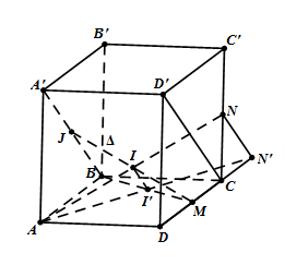 Cho hình hộp ABCD.A′B′C′D′. Gọi M,N lần lượt là trung điểm của CD và CC′. Kẻ đường thẳng Δ đi qua M đồng thời cắt AN và A′BA′B tại I,J. Hãy tính tỉ số  (ảnh 1)
