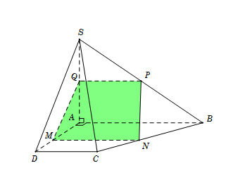 Cho hình chóp S.ABCD có đáy ABCD là hình thang vuông tại A và D, đáy lớn AB; cạnh bên SA vuông góc với đáy. Gọi Q là điểm trên cạnh SA và  (ảnh 1)