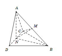 Cho hai tam giác ACD và BCD nằm trên hai mặt phẳng vuông góc với nhau và AC=AD=BC=BD=a,CD=2x. Với giá trị nào của x thì hai mặt phẳng (ABC) và (ABD) vuông góc. Gọi M,N lần lượt là trung điểm  (ảnh 1)
