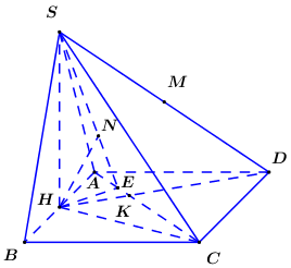 Cho hình chóp S.ABCD có đáy ABCD là hình chữ nhật, AB=a, AD=2a. Tam giác SAB cân tại S và nằm trong mặt phẳng vuông góc với đáy. Góc giữa SC và mặt phẳng (ABCD) bằng 45 độ. Gọi M là trung điểm  (ảnh 1)