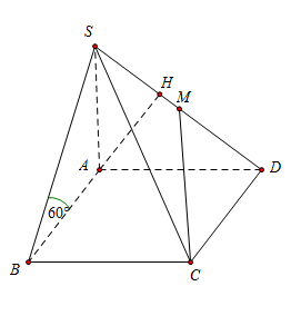 Cho hình chóp S.ABCD có đáy ABCD là hình vuông cạnh a,a, cạnh bên SA vuông góc với mặt phẳng đáy. Biết mặt phẳng (SBC) tạo với đáy một góc 60 độ và M là trung điểm của SD. Tính khoảng cách d gi (ảnh 1)