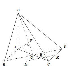 Cho hình chóp S.ABC có đáy ABCD là hình vuông cạnh a, tâm O. Cạnh bên SA=2a và vuông góc với mặt đáy (ABCD). Gọi H và K lần lượt là trung điểm của cạnh BC và CD. Tính khoảng cách giữa hai đườ (ảnh 1)