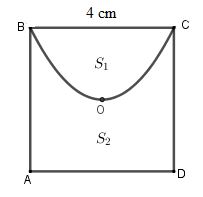 Cho hình vuông ABCD tâm O, độ dài cạnh là 4cm. Đường cong BOC là một phần của parabol đỉnh O chia hình vuông thành hai hình phẳng có diện tích lần lượt là S1 và S2 (tham khảo hình vẽ). (ảnh 1)