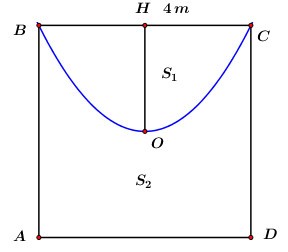 Cho hình vuông ABCD tâm O, độ dài cạnh là 4cm. Đường cong BOC là một phần của parabol đỉnh O chia hình vuông thành hai hình phẳng có diện tích lần lượt là S1 và S2 (tham khảo hình vẽ). (ảnh 2)