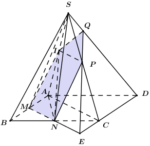 Cho hình chóp S.ABCD có đáy ABCD là hình bình hành. Gọi M,N lần lượt là trung điểm của các cạnh AB,BC. Điểm I thuộc đoạn SA. Biết mặt phẳng (MNI) chia khối chóp S.ABCD  thành hai phần, phần c (ảnh 1)