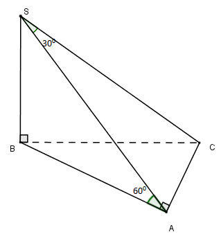 Cho hình chóp S.ABC có đáy ABC vuông tại A và SB vuông góc với đáy. Biết SB=a,SC hợp với (SAB) một góc 300 và (SAC) hợp với đáy (ABC) một góc 600. Thể tích khối chóp là: (ảnh 1)