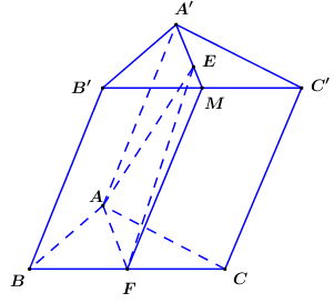 Cho khối lăng trụ ABC.A′B′C′. Gọi E là trọng tâm tam giác A′B′C′ và F là trung điểm BC. Gọi V1 là thể tích khối chóp B′.EAF và V2 là thể tích khối lăng trụ ABC.A′B′C′. Khi đó  (ảnh 1)