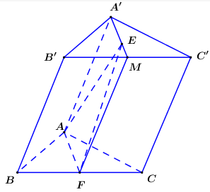 Cho khối lăng trụ ABC.A′B′C′. Gọi E là trọng tâm tam giác A′B′C′ và F là trung điểm BC. Gọi V1 là thể tích khối chóp B′.EAF và V2 là thể tích khối lăng trụ ABC.A′B′C′. Khi đó  (ảnh 2)