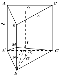 Cho hình lăng trụ tam giác đều ABC.A’B’C’ có AA’ = 2a, BC = a. Gọi M là trung điểm BB’. Bán kính mặt cầu ngoại tiếp khối chóp M.A’B’C’ bằng: (ảnh 1)