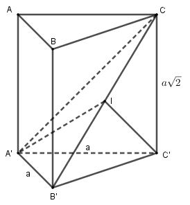 Cho lăng trụ đứng ABC.A’B’C’ có đáy là tam giác vuông cân đỉnh A, AB = AC = a, AA’ = (ảnh 1)
