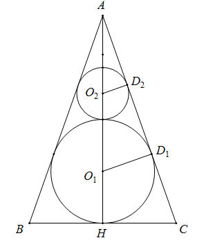 Người ta đặt được vào một hình nón hai khối cầu có bán kính lần lượt là a và 2a sao cho các khối cầu đều tiếp xúc với mặt xung quanh của hình nón, hai khối cầu tiếp xúc với nhau và khối cầu l (ảnh 1)
