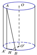 Cho hình trụ bán kính đường tròn đáy bằng 1. Hai điểm A và B lần lượt thuộc hai đường tròn đáy sao cho  (ảnh 1)