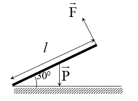 Một người nâng một tấm gỗ đồng chất, tiết diện đều, có trọng lượng P = 200 N. Người ấy tác dụng một lực F vào đầu trên của tấm gỗ (vuông góc với tấm gỗ) để giữ cho nó hợp với mặt đất một góc  (ảnh 1)