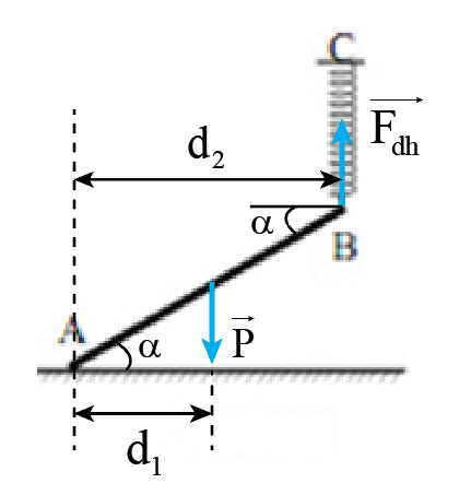 Thanh AB đồng chất, tiết diện đều, trọng lượng 6N, có đầu A tì vào sàn nhà nằm ngang, đầu B được giữ bởi một lò xo BC, độ cứng k = 250 N/m, theo phương thẳng đứng như hình 4. Độ dãn của lò xo (ảnh 2)