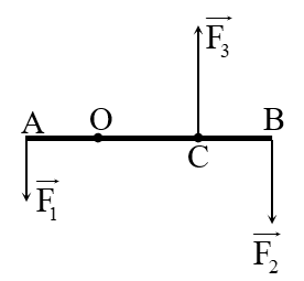 Một thanh cứng AB, dài 7 m, có khối lượng không đáng kể, có trục quay O, hai đầu chịu 2 lực F1 và F2. Cho F1 = 50 N ; F2 = 200 N và OA = 2 m. Đặt vào thanh một lực F3 hướng lên và có độ lớn 3 (ảnh 1)