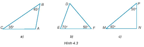  Hãy tính các số đo các góc A, D, N trong các tam giác dưới đây (H.4.3). Trong các tam giác đó, hãy chỉ ra các tam giác nào là nhọn, tù, vuông. (ảnh 1)