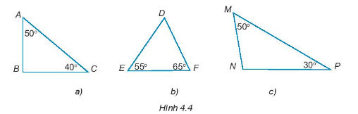  Trong các tam giác dưới đây (H.4.4) tam giác nào là nhọn, vuông, tù? (ảnh 1)