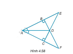  Cho các điểm A, B, C, D, E, F như Hình 4.58. Chứng minh ∆ADE = ∆ADF.  (ảnh 1)