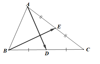 Cho tam giác ABC. Gọi D, E tương ứng là trung điểm của BC, CA. Hãy biểu thị các vectơ AB , vectơ BC , vectơ CA theo hai vectơ (ảnh 1)