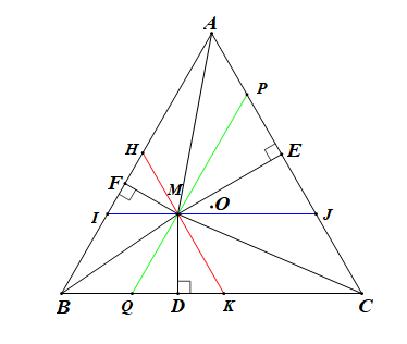 Cho tam giác ABC đều với trọng tâm O. M là một điểm tuỳ ý nằm trong tam giác. Gọi D, E, F theo thứ tự là hình chiếu vuông góc của M trên BC, CA, AB.Chứng minh rằng vecto MD (ảnh 1)
