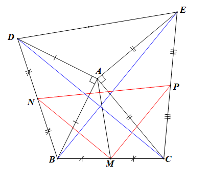 Cho tam giác ABC có góc A < 90^0. Dựng ra phía ngoài tam giác hai tam giác vuông cân đỉnh A là ABD và ACE. Gọi M, N, P theo thứ tự là trung điểm BC, BD, CE. Chứng minh rằng:Tam  (ảnh 1)