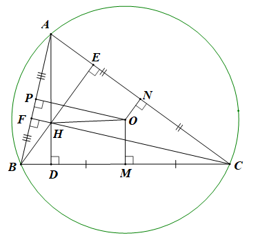 Cho tam giác ABC không cân. Gọi D, E, F theo thứ tự là chân các đường cao kẻ từ A, B, C; gọi M, N, P tương ứng là trung điềm các cạnh BC, CA, AB. Chứng minh rằng\(\overrightarrow {MD} .\overr (ảnh 1)