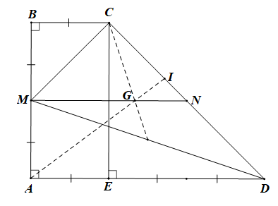 Cho hình thang vuông ABCD có góc DAB = góc ABC = 90^0 , BC = 1, AB = 2 và AD = 3. Gọi M là trung điểm của AB.Gọi N là trung điểm CD, G là trọng tâm tam giác MCD, và I là (ảnh 1)