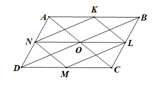 Cho hình bình hành ABCD tâm O. Gọi K, L, M, N tương ứng là trung điểm các cạnh AB, BC, CD, DA. Trong các vectơ có đầu mút lấy từ các điểm A, B, C, D, K, L, M, O, có bao nhiêu vectơ bằng vectơ (ảnh 1)