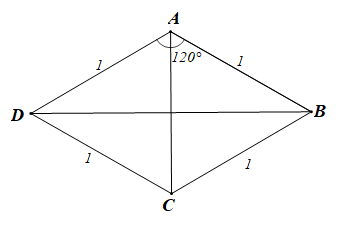 Cho hình thoi ABCD có độ dài các cạnh bằng 1 và góc DAB = 120^0. Khẳng định nào sau đây là đúng? (ảnh 1)