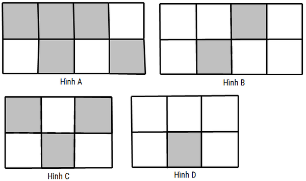  Cho hình vẽ:Hình vẽ có số ô vuông được tô màu bằng 1/2 tổng số ô vuông là: (ảnh 1)