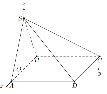 rong không gian  O x y z  cho hình chóp  S . A B C D  có  S ( 0 ; 0 ; a √ 3 / 2 ) , A ( a 2 ; 0 ; 0 ) , B ( − a/ 2 ; 0 ; 0 ) ,  C ( − a/ 2 ; a ; 0 ) , D ( a 2 ; a ; 0 )  với  a > 0 . Tính góc giữa đường thẳng  S D  và mặt phẳng  ( S A C ) . (Kết quả làm tròn đến hàng đơn vị của độ). (ảnh 1)