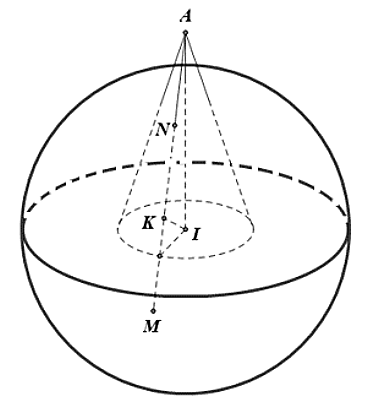 Trong không gian  O x y z , cho mặt cầu  ( S ) : ( x − 1 )^2 + ( y − 2 )^2 + ( z − 3 )^2 = 25  và hình nón  ( H )  có đỉnh  A ( 3 ; 2 ; − 2 )  và nhận  A I  là trục đối xứng với  I  là tâm mặt cầu. Một đường sinh hình nón  ( H )   (ảnh 1)