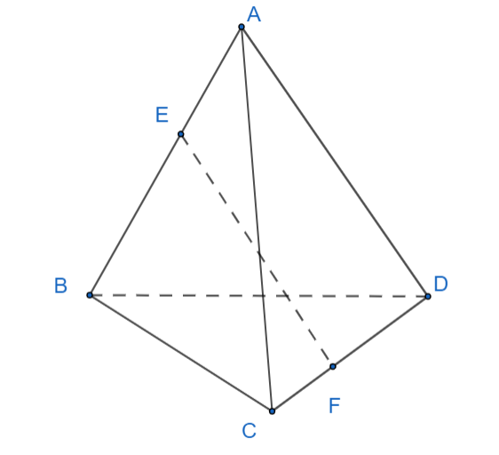 Cho tứ diện  A B C D . Gọi  E , F  là các điểm lần lượt thuộc các cạnh  A B , C D  sao cho  AE = 1/3 AB , CF = 1/3 CD . Tìm giá trị  k  với  k ∈ R  thỏa mãn đẳng thức: (ảnh 1)