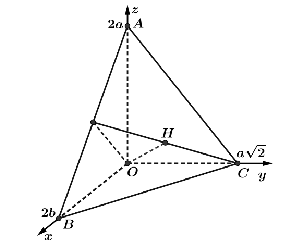 Cho tứ diện  O A B C  có  O A , O B , O C  đôi một vuông góc và  O A = O B = 2 a ,  O C = a √ 2 . Khi đó vectơ  −−→ A B ( m ; n ; p ) . Khi  a = 1  hãy tính giá trị của biểu thức  T = m + n + p . (ảnh 1)