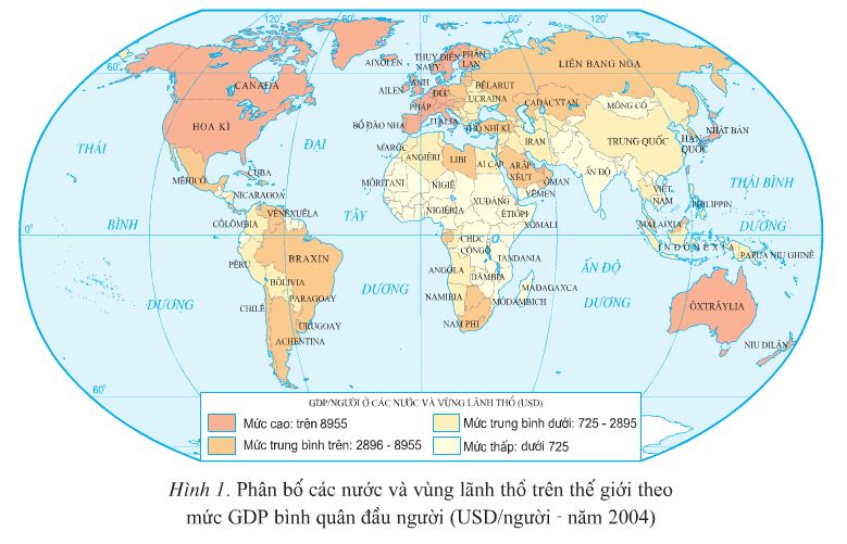  Dựa vào hình 1 sách giáo khoa trang 6 cho biết nước nào dưới đây có GDP/người ở mức cao? (ảnh 1)