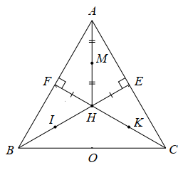 Cho  Δ A B C  cân tại  A ,  vẽ hai đường cao  B E  và  C F  cắt nhau tại  H .  Gọi  I , K  lần lượt là hai điểm trên  B H , C H  sao cho  H I = H E , H K = H F .  Gọi  M  là trung điểm của  A H .  Khi đó  Δ A B C  cần điều kiện gì để điểm  M  thuộc đường tròn đi qua bốn điểm  E , F , I , K ? (ảnh 1)