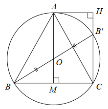 Cho đường tròn  ( O ; R )  và ba điểm  A , B , C  thuộc đường tròn đó sao cho  Δ A B C  cân tại  A .  Giả sử  B C = 6 c m ,  đường cao  A M  của  Δ A B C  bằng  4 c m .  Gọi  B ′  là điểm đối xứng với  B  qua  O .  Kẻ  A H ⊥ C B ′  tại  H .  Khi đó chu vi tứ giác  A H C M  bằng (ảnh 1)