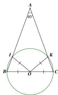 Cho tam giác  A B C  cân tại  A .  Vẽ đường tròn tâm  O  đường kính  B C .  Đường tròn  ( O )  cắt  A B , A C  lần lượt tại  I , K .  Biết  ˆ B A C = 40 ∘ .  Số đo của cung nhỏ  I K  bằng (ảnh 1)