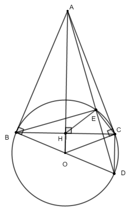 Cho đường tròn  ( O ; R )  và điểm  A  nằm ngoài  ( O ) .  Từ  A  kẻ hai tiếp tuyến  A B , A C  với đường tròn  ( O )  (hai điểm  B , C  là các tiếp điểm). Gọi  H  là giao điểm của  O A  và  B C .  Lấy  D  đối xứng với  B  qua  O (ảnh 1)