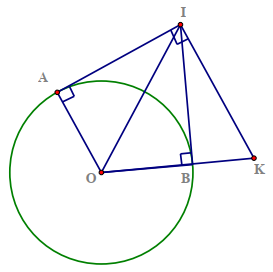 Hai tiếp tuyến tại  A  và  B  của đường tròn  ( O )  cắt nhau tại  I .  Đường thẳng qua  I  vuông góc với  I A  cắt  O B  tại  K .  Khẳng định nào sau đây là đúng? (ảnh 1)