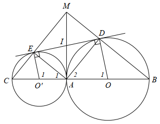 Cho đường tròn  ( O )  và  ( O ′ )  tiếp xúc ngoài tại  A .  Kẻ đường kính  A B  của đường tròn  ( O )  và đường kính  A C  của đường tròn  ( O ′ ) .  Gọi  D E  là tiếp tuyến của cả hai đường tròn  ( O )  và  ( O ′ )  với hai tiếp điểm  D ∈ ( O ) (ảnh 1)