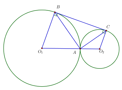 Cho đường tròn  ( O 1 )  và  ( O 2 )  tiếp xúc ngoài tại  A  và một đường thẳng  ( d )  tiếp xúc với  ( O 1 ) , ( O 2 )  lần lượt tại  B , C .  Tam giác  A B C  là (ảnh 1)