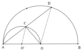 Cho nửa đường tròn  ( O ; R ) ,  đường kính  A B .  Vẽ nửa đường tròn tâm  O ′ ,  đường kính  A O  (cùng phía với nửa đường tròn  ( O ) ). Một đường thẳng bất kì qua  A  cắt  ( O ) , ( O ′ )  lần lượt tại  C , D .  Nếu  B C  là tiếp tuyến của nửa đường tròn  ( O ′ )  thì (ảnh 1)